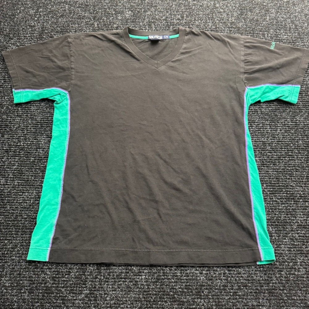 Nautica Mens V-Neck T-Shirt Large Black‎ Green Colorblock Purple Stitching Sport